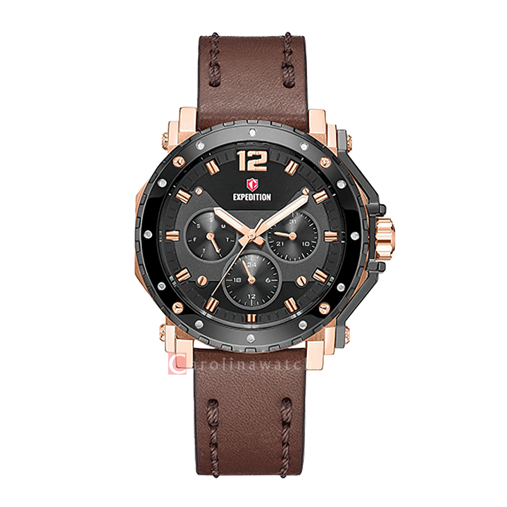 Jam Tangan S Expedition Chronograph E 6402 BFLGRBA Women Black Dial Brown Leather Strap