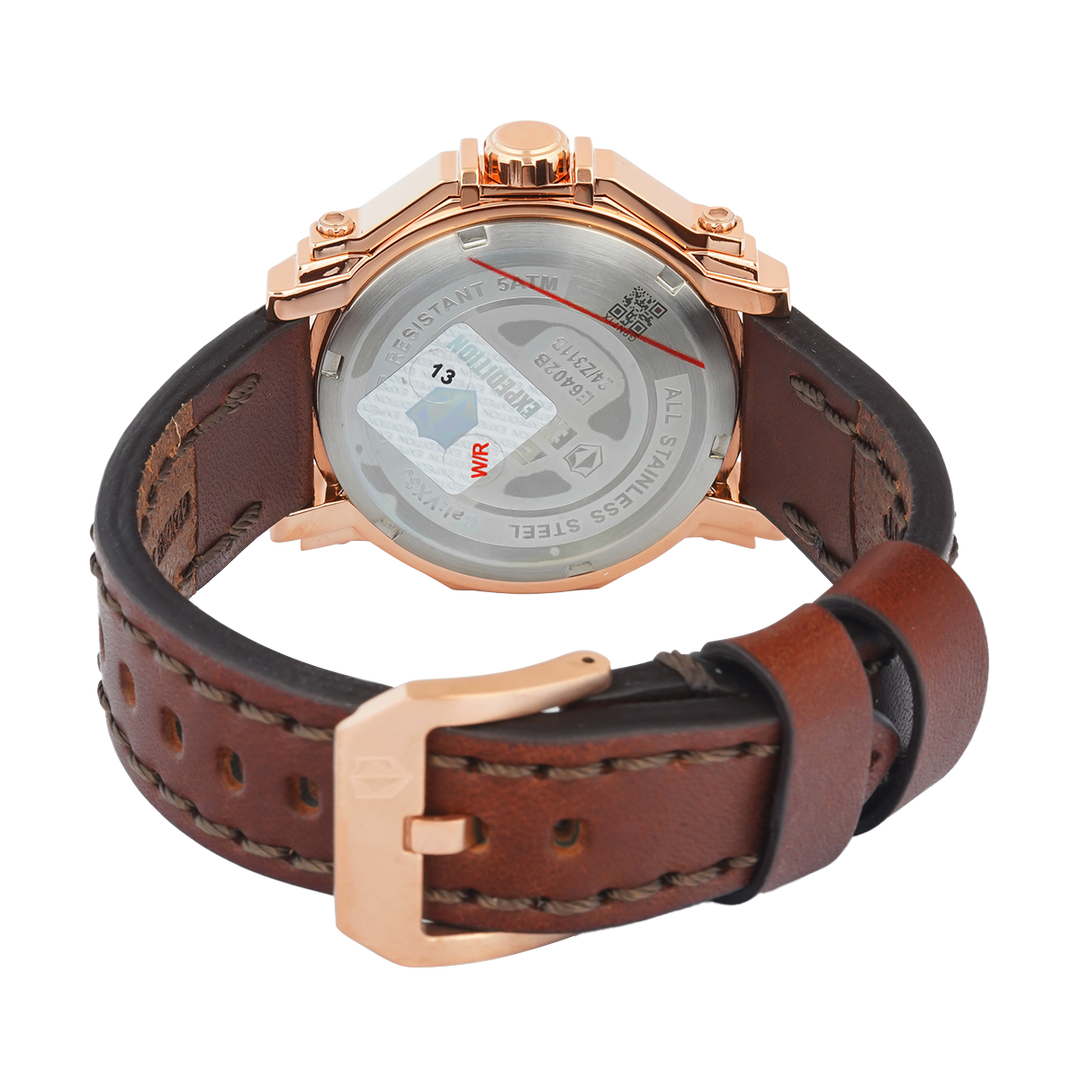 Jam Tangan S Expedition Chronograph E 6402 BFLRGSL Women Silver Dial Brown Leather Strap
