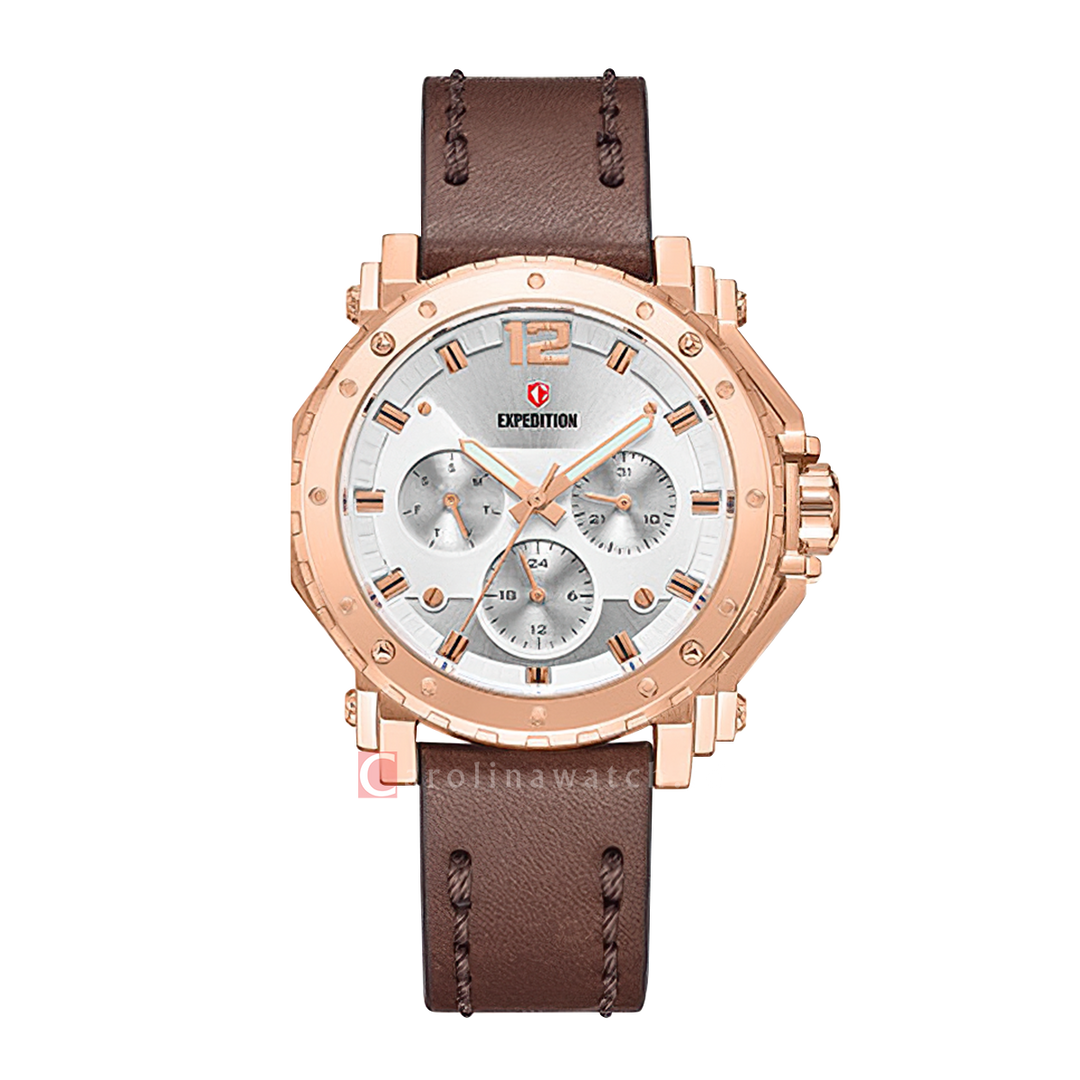 Jam Tangan S Expedition Chronograph E 6402 BFLRGSL Women Silver Dial Brown Leather Strap