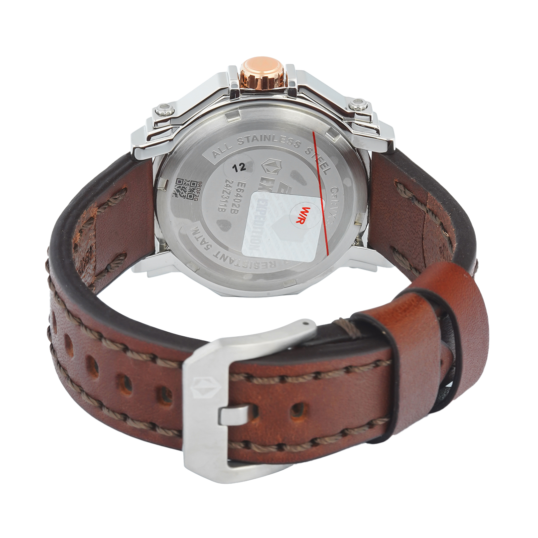 Jam Tangan S Expedition Chronograph E 6402 BFLSSRGSL Women Silver Dial Brown Leather Strap