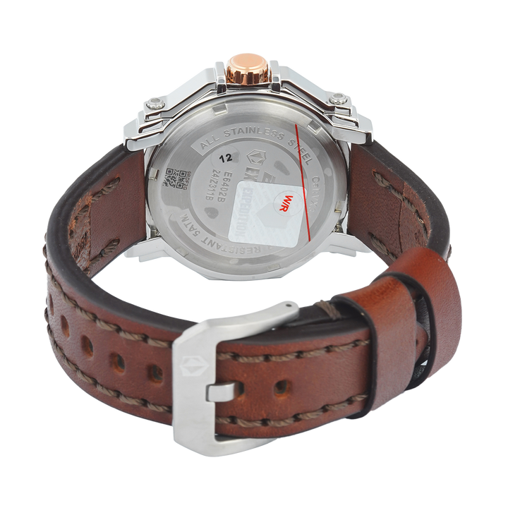Jam Tangan S Expedition Chronograph E 6402 BFLSSRGSL Women Silver Dial Brown Leather Strap