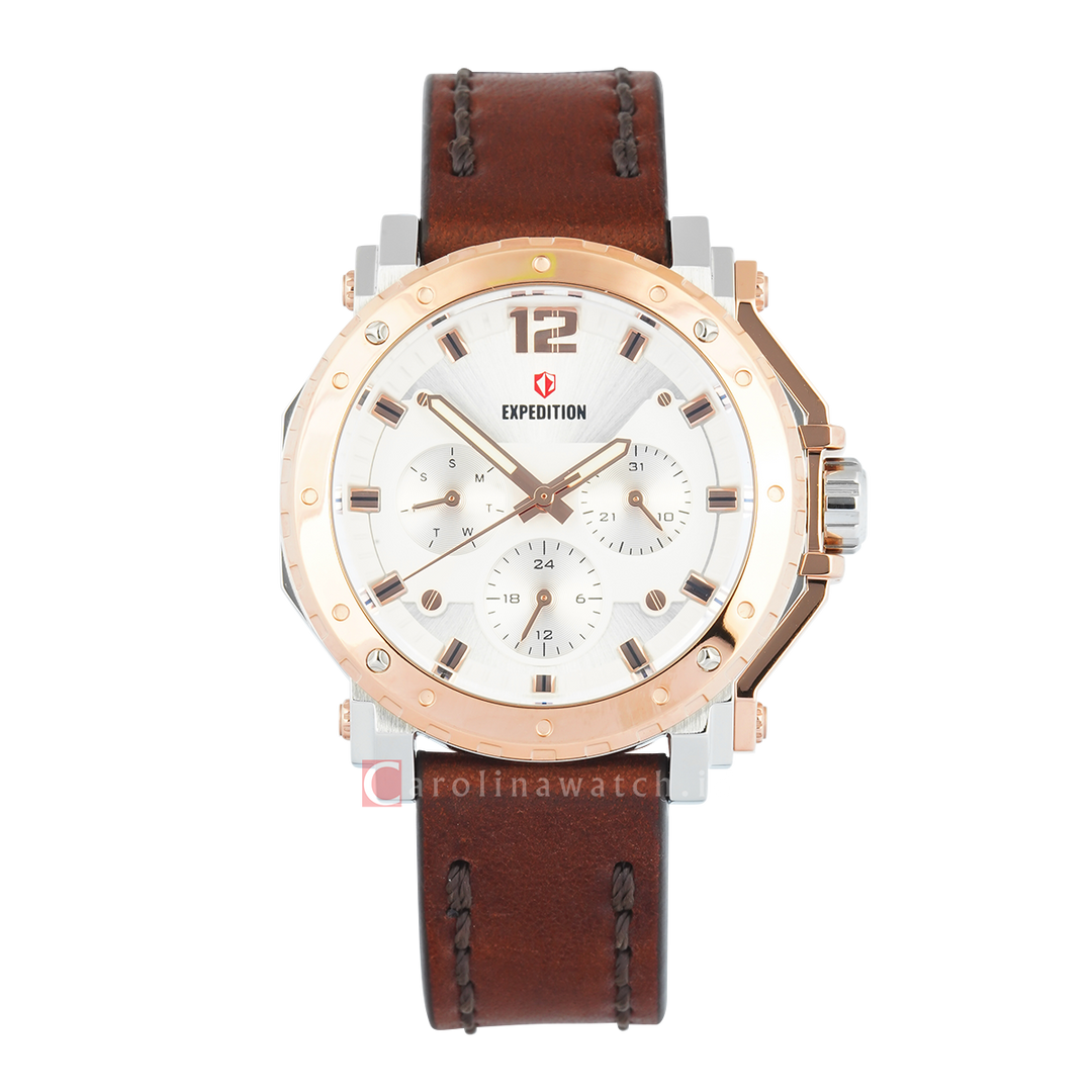 Jam Tangan S Expedition Chronograph E 6402 BFLTRSL Women White Dial Brown Leather Strap