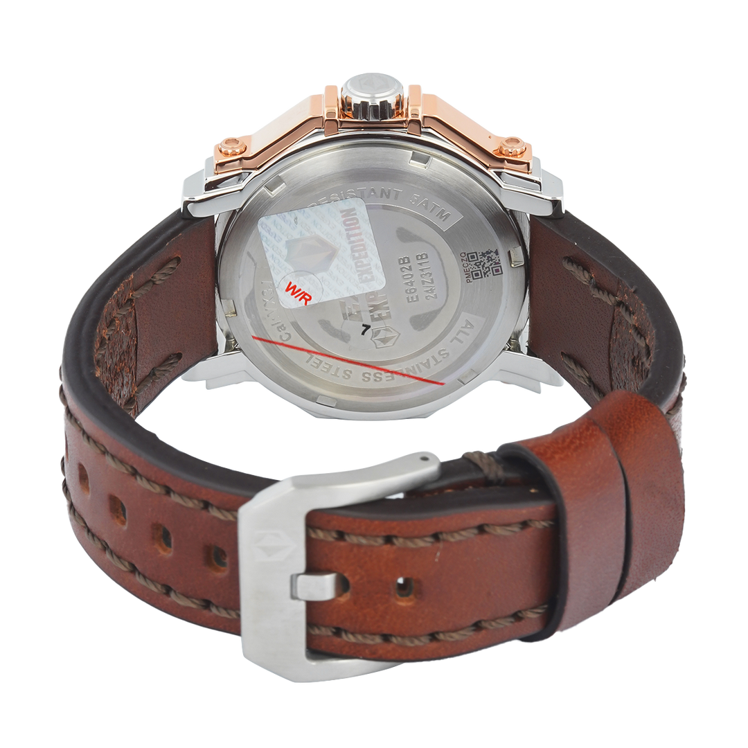 Jam Tangan S Expedition Chronograph E 6402 BFLTRSL Women White Dial Brown Leather Strap
