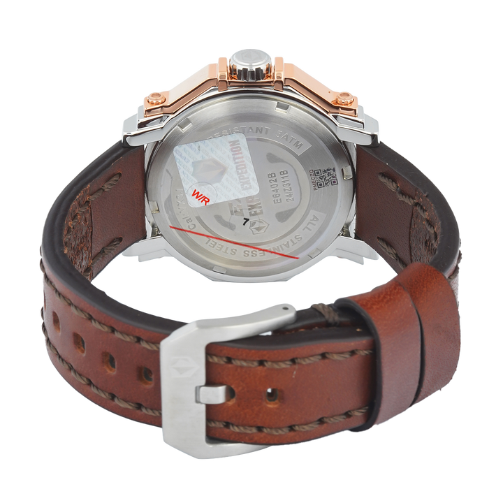 Jam Tangan S Expedition Chronograph E 6402 BFLTRSL Women White Dial Brown Leather Strap