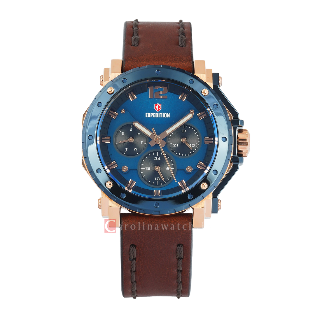 Jam Tangan S Expedition Chronograph E 6402 BFLURBU Women Blue Dial Brown Leather Strap