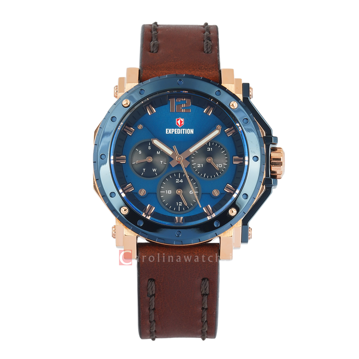 Jam Tangan S Expedition Chronograph E 6402 BFLURBU Women Blue Dial Brown Leather Strap