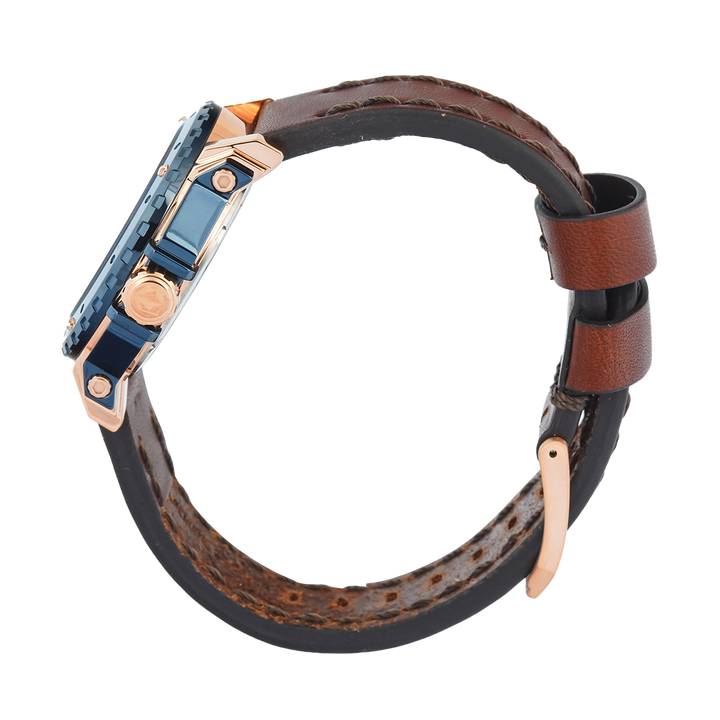 Jam Tangan S Expedition Chronograph E 6402 BFLURBU Women Blue Dial Brown Leather Strap