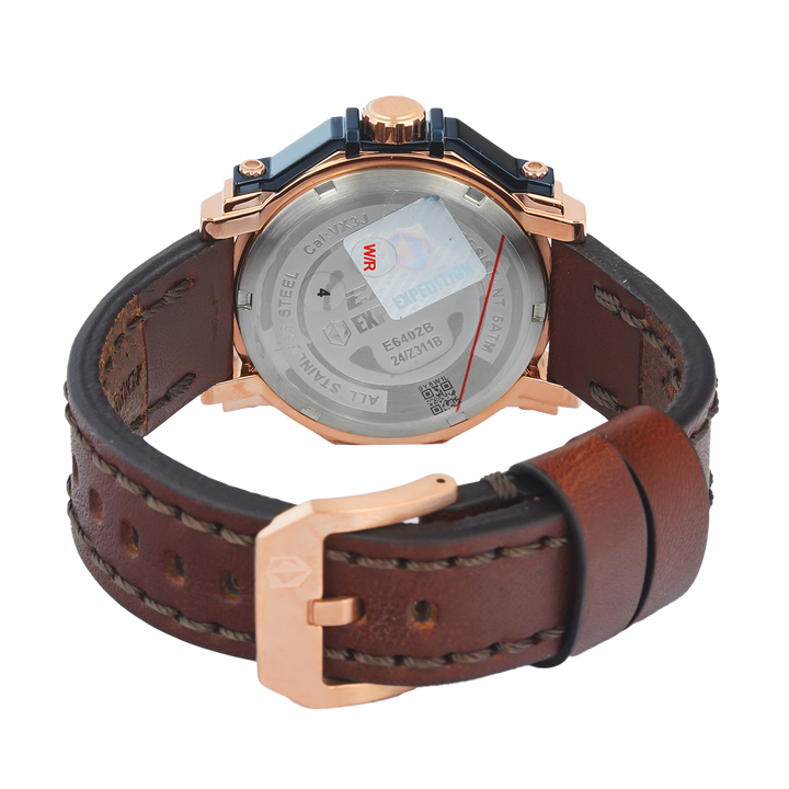 Jam Tangan S Expedition Chronograph E 6402 BFLURBU Women Blue Dial Brown Leather Strap
