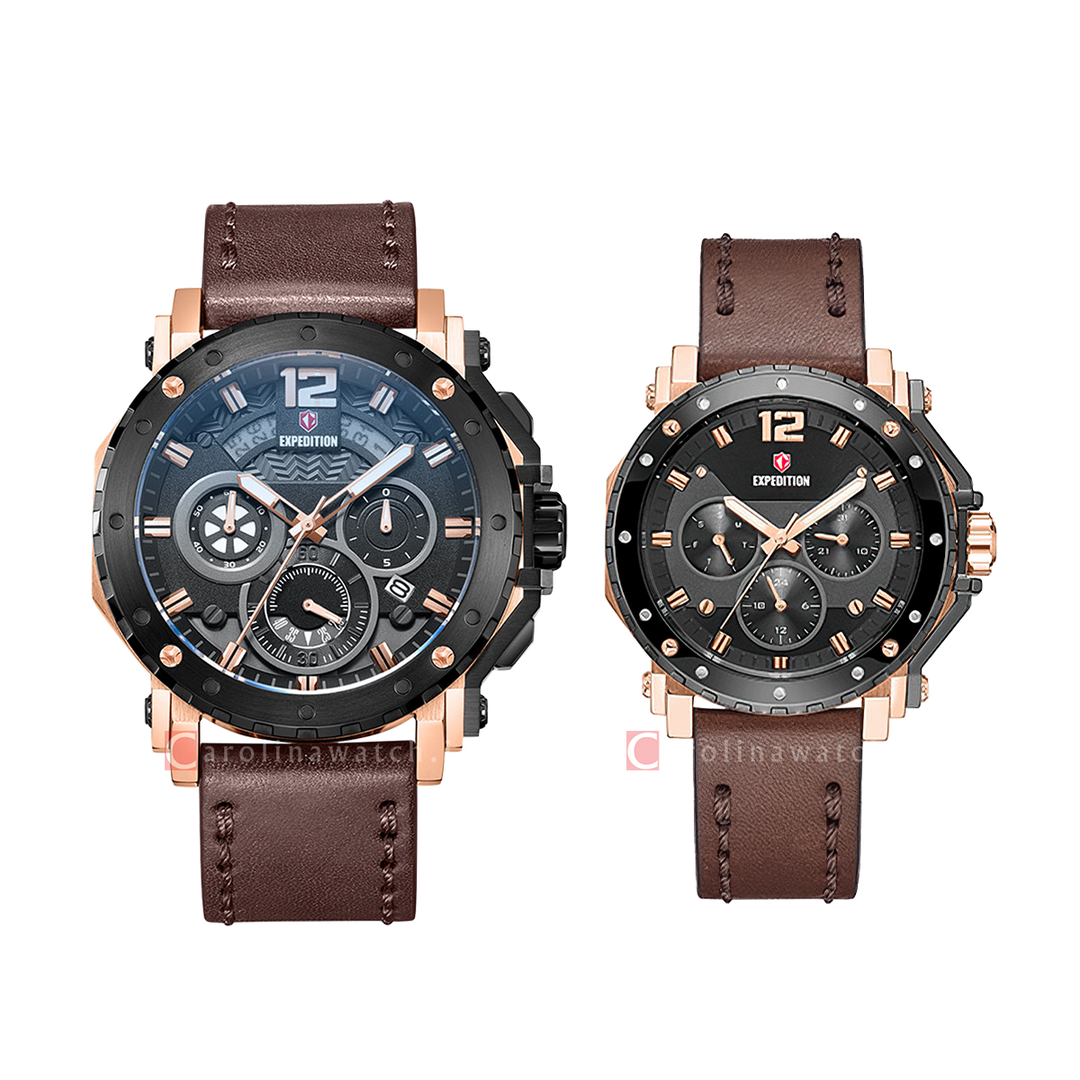 Jam Tangan Couple S Expedition E 6402 MCLBRBA/BFLGRBA Black Dial Brown Leather Strap