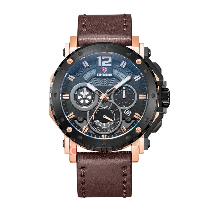 Jam Tangan S Expedition Chronograph E 6402 MCLBRBA Men Black Dial Brown Leather Strap