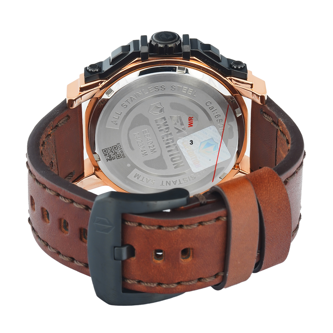 Jam Tangan S Expedition Chronograph E 6402 MCLBRBA Men Black Dial Brown Leather Strap