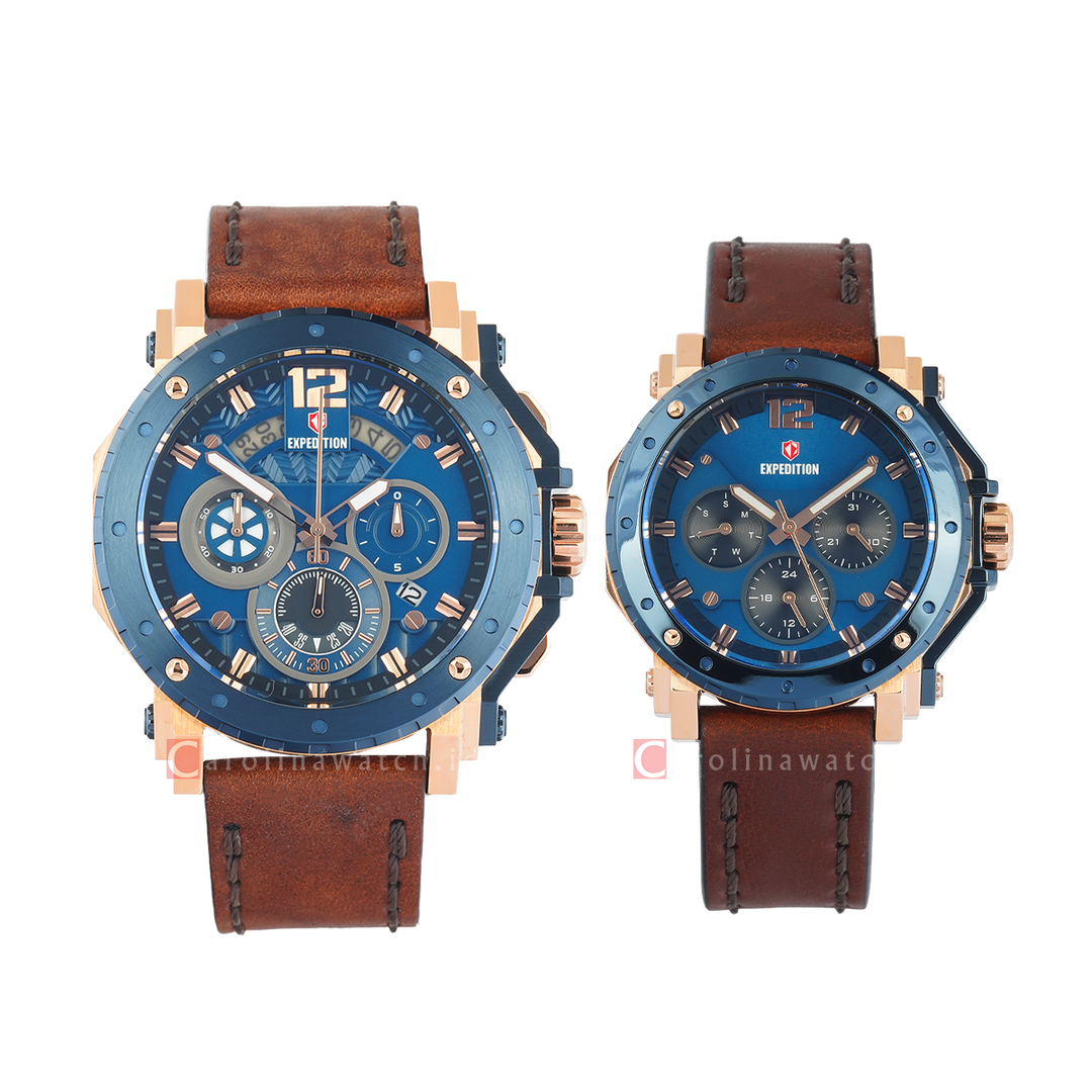 Jam Tangan Couple S Expedition E 6402 MCLURBU/BFLURBU Blue Dial Brown Leather Strap