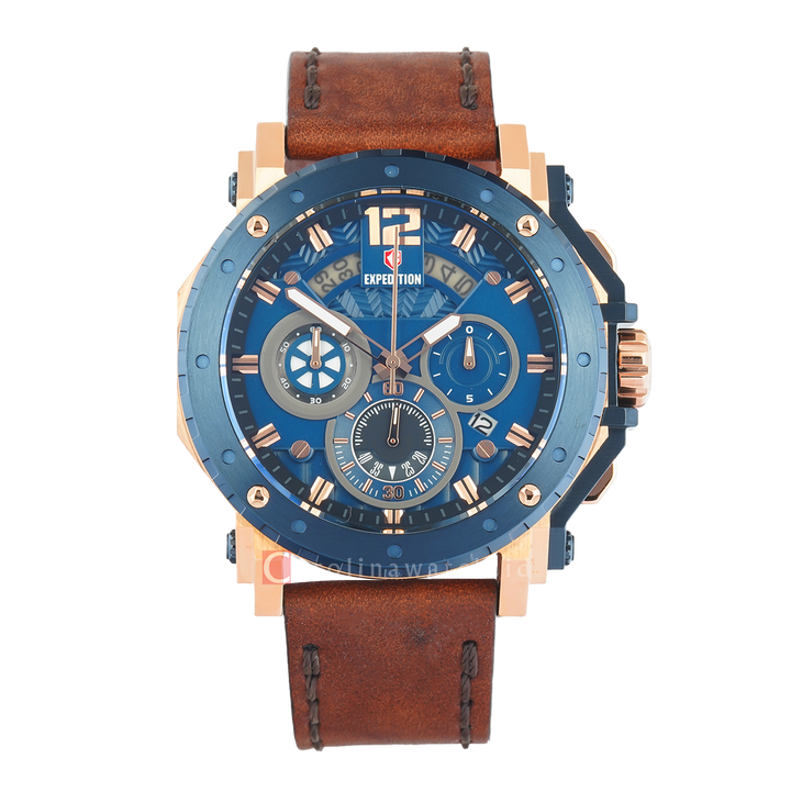 Jam Tangan S Expedition Chronograph E 6402 MCLURBU Men Blue Dial Brown Leather Strap