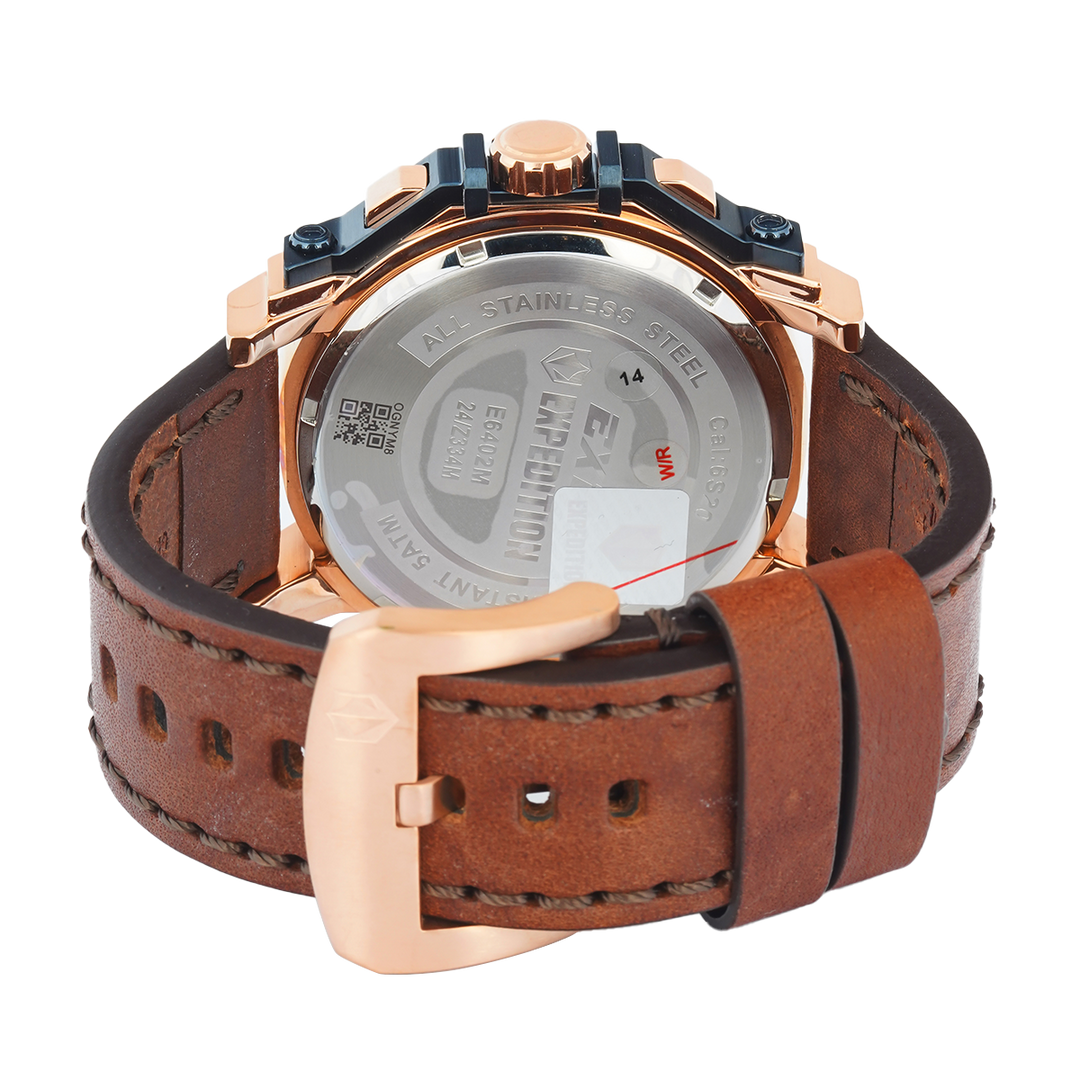 Jam Tangan S Expedition Chronograph E 6402 MCLURBU Men Blue Dial Brown Leather Strap
