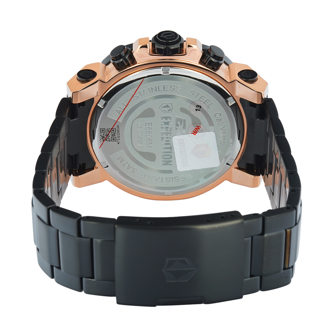 Jam Tangan S Expedition Chronograph E 6606 MCBBRBA Men Black Dial Black Stainless Steel Strap