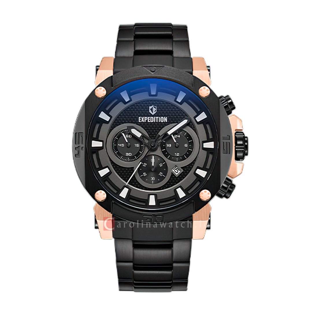 Jam Tangan S Expedition Chronograph E 6606 MCBBRBA Men Black Dial Black Stainless Steel Strap