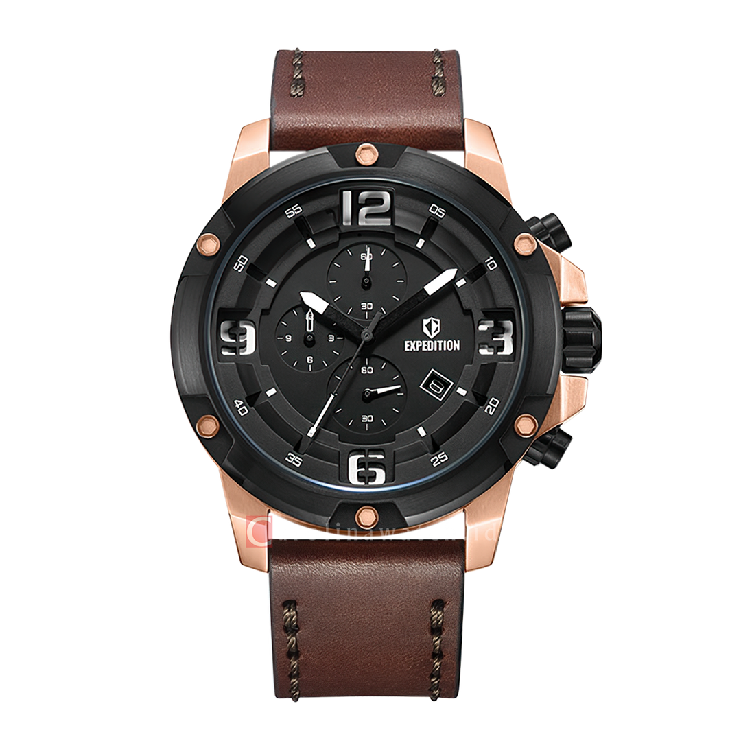 Jam Tangan Expedition Chronograph E 6698 MCLBRBA Men Black Dial Brown Genuine Leather Strap