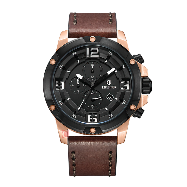 Jam Tangan Expedition Chronograph E 6698 MCLBRBA Men Black Dial Brown Genuine Leather Strap