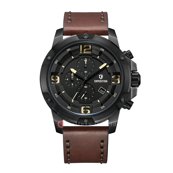 Jam Tangan Expedition Chronograph E 6698 MCLIPBA Men Black Dial Brown Genuine Leather Strap