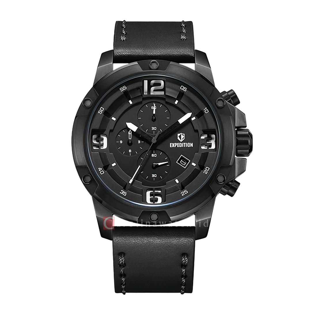 Jam Tangan Expedition Chronograph E 6698 MCLIPBASL Men Black Dial Black Genuine Leather Strap