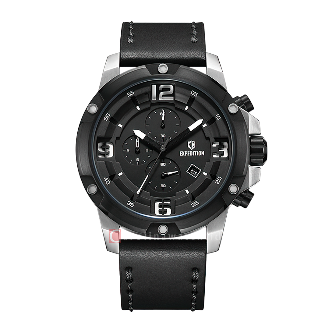 Jam Tangan Expedition Chronograph E 6698 MCLTBBA Men Black Dial Black Genuine Leather Strap