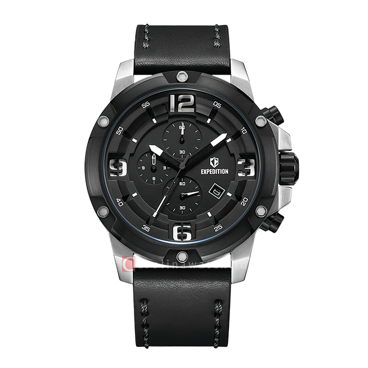 Jam Tangan Expedition Chronograph E 6698 MCLTBBA Men Black Dial Black Genuine Leather Strap