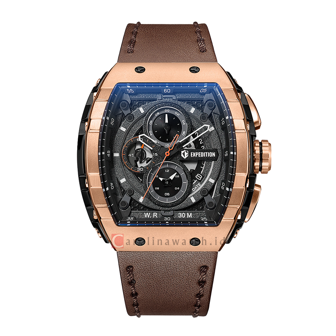 Jam Tangan S Expedition Chronograph E 6782 MCLBRBAOR Men Black Dial Brown Leather Strap
