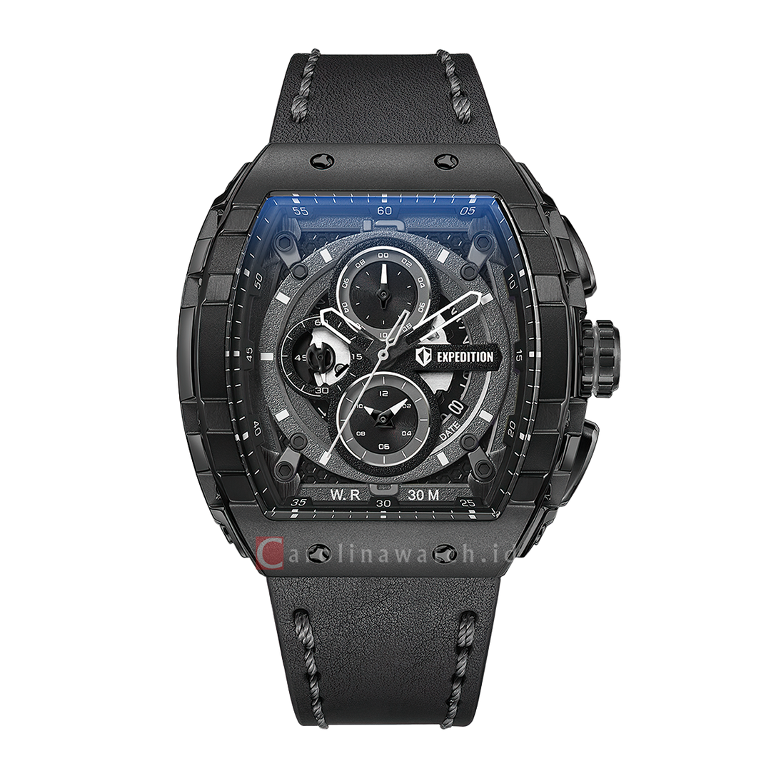 Jam Tangan S Expedition Chronograph E 6782 MCLIPBA Men Black Dial Black Leather Strap