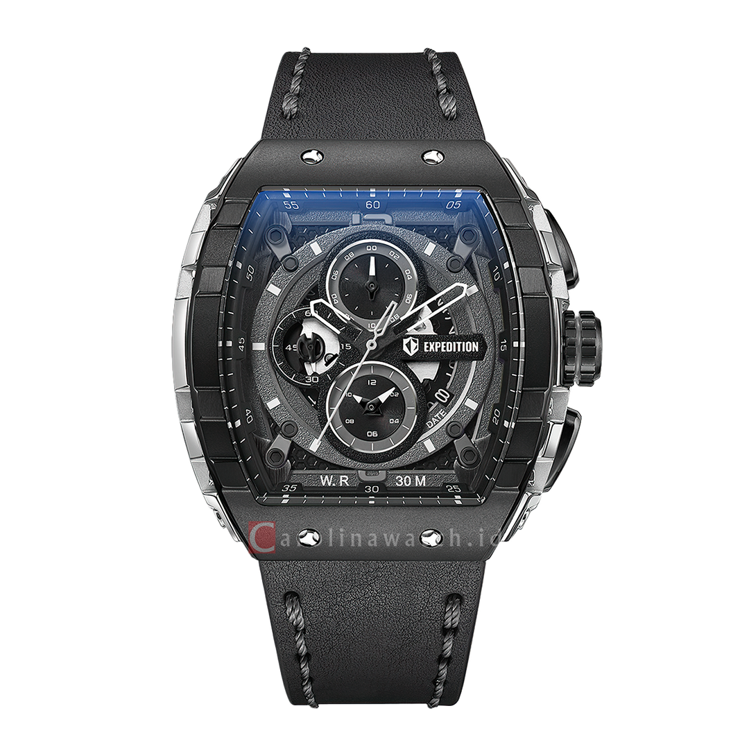 Jam Tangan S Expedition Chronograph E 6782 MCLTBBASL Men Black Dial Black Leather Strap