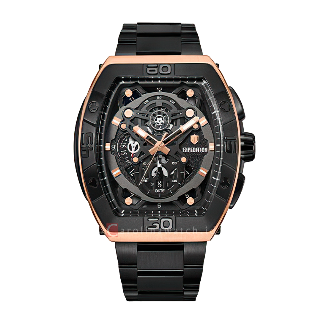 Jam Tangan S Expedition Chronograph E 6800 MCBBRBA Men Black Dial Black Stainless Steel Strap