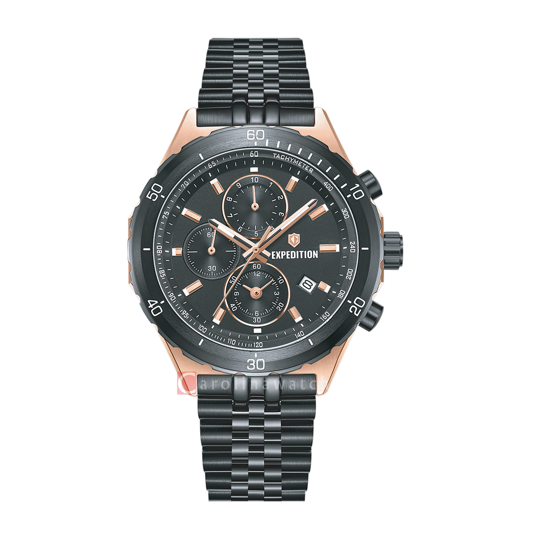 Jam Tangan S Expedition Chronograph E 6870 MCBBRBA Men Black Dial Black Stainless Steel Strap