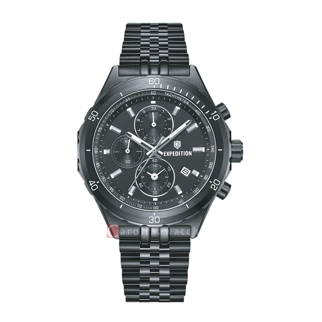 Jam Tangan S Expedition Chronograph E 6870 MCBIPBA Men Black Dial Black Stainless Steel Strap