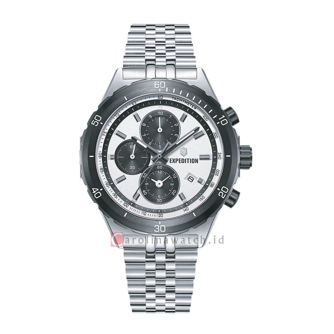 Jam Tangan S Expedition Chronograph E 6870 MCBTBSL Men Silver White Dial Stainless Steel Strap