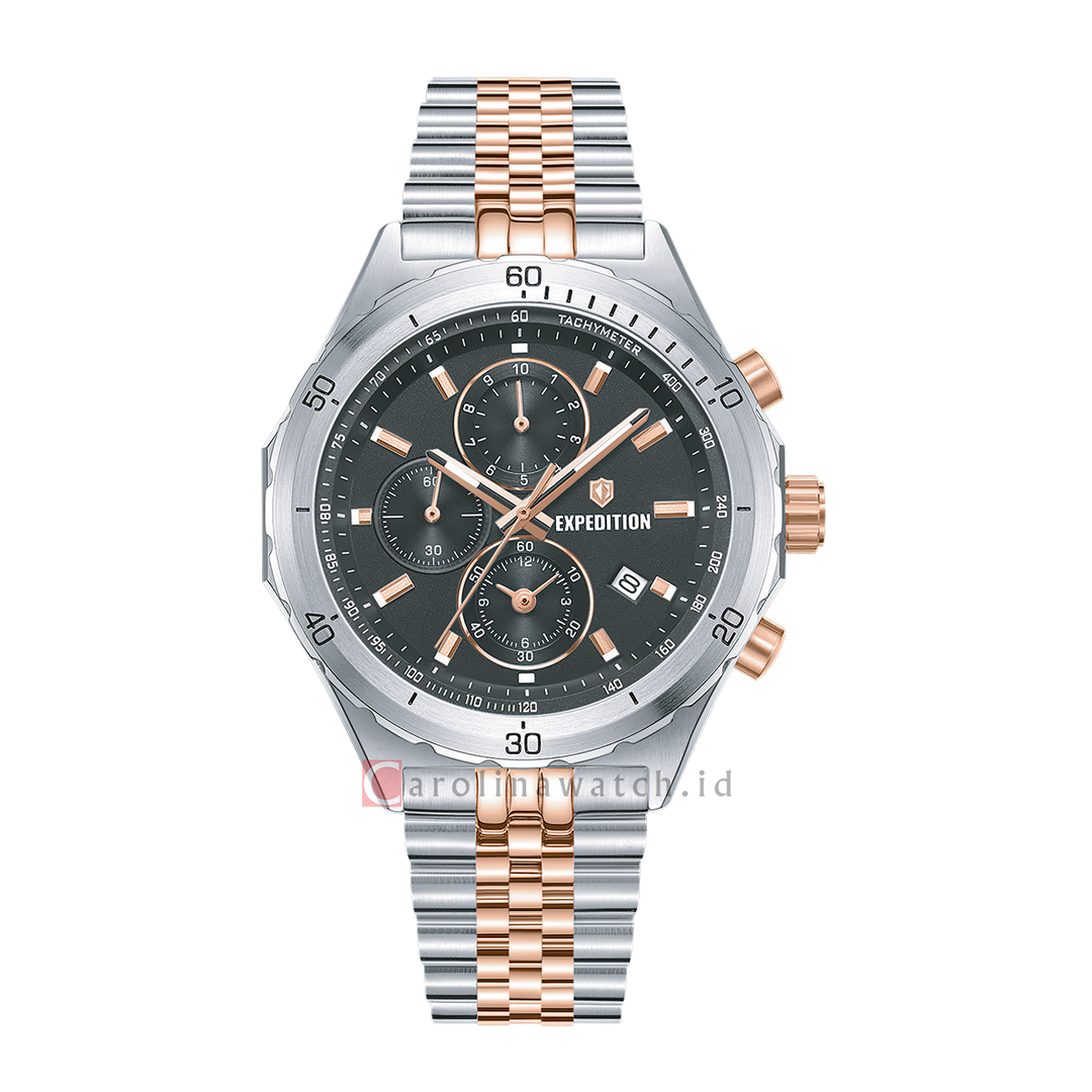 Jam Tangan S Expedition Chronograph E 6870 MCBTRBA Men Black Dial Dual Tone Stainless Steel Strap