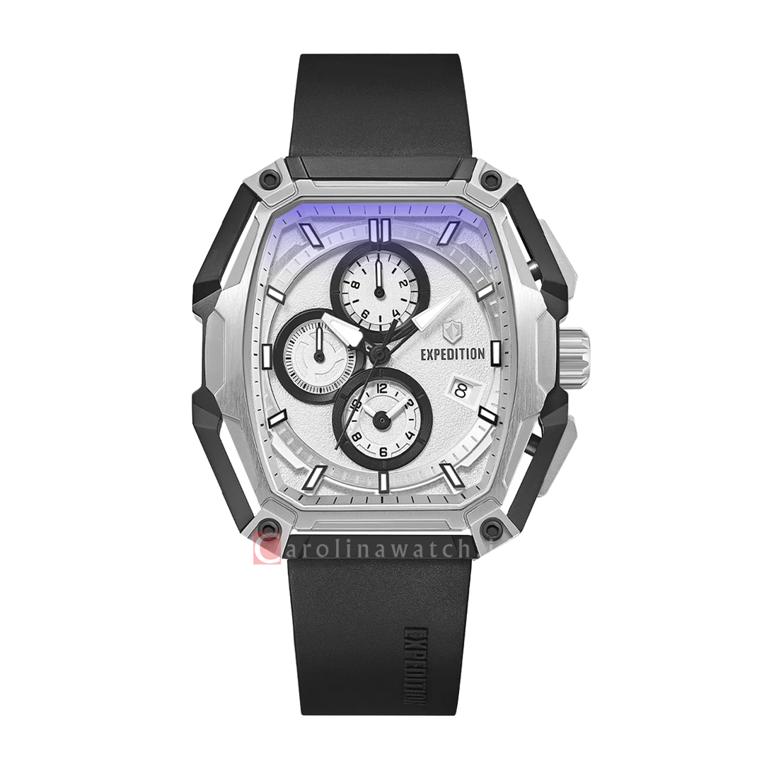 Jam Tangan S Expedition Chronograph E 6871 MCRTBBA Men Silver White Dial Black Rubber Strap