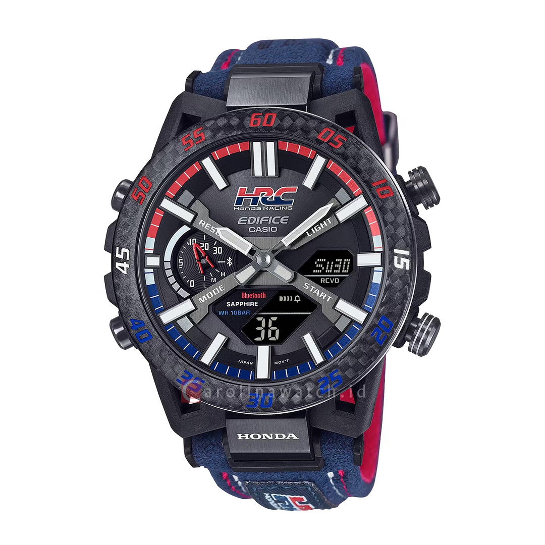 Jam Tangan Casio EDIFICE SOSPENSIONE ECB-2000HR-1A Honda Racing Collaboration Model Men Black Digital Analog Dial Blue Leather Band