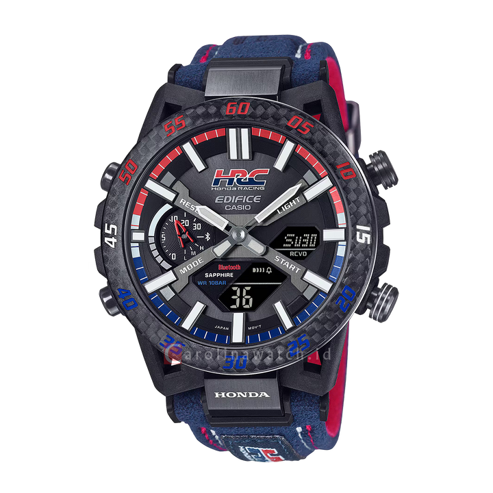 Jam Tangan Casio EDIFICE SOSPENSIONE ECB-2000HR-1A Honda Racing Collaboration Model Men Black Digital Analog Dial Blue Leather Band