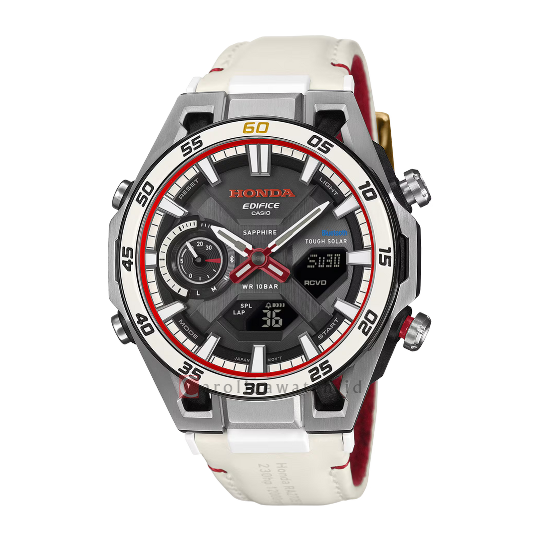 Jam Tangan Casio Edifice Sospensione ECB-2300HR-1A Men Black Dial White Leather Band  Honda Special Edition