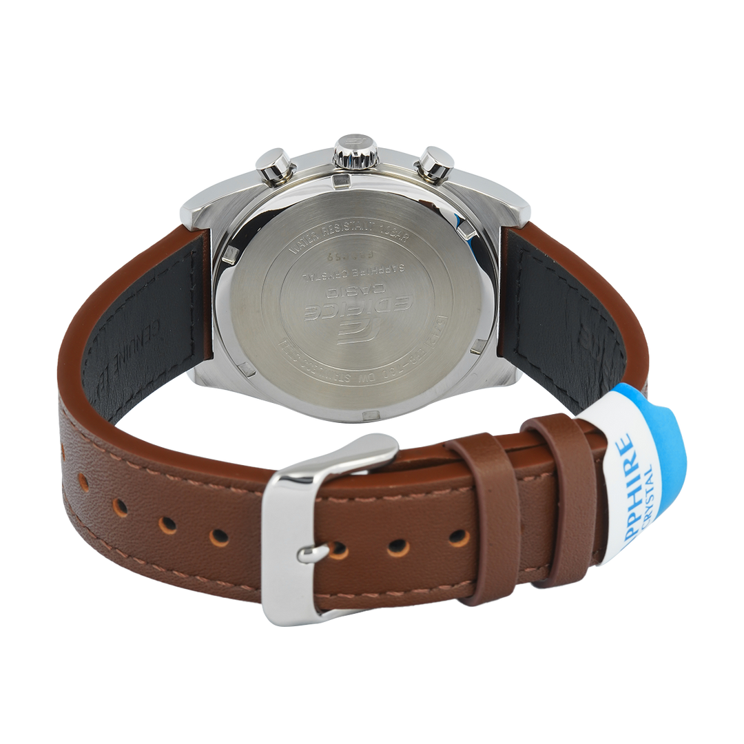Jam Tangan Casio Edifice Standard Chronograph EFB-730L-7A Men Beige Dial Brown Leather Band