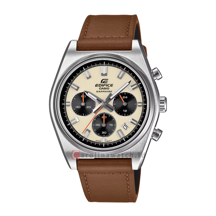 Jam Tangan Casio Edifice Standard Chronograph EFB-730L-7A Men Beige Dial Brown Leather Band