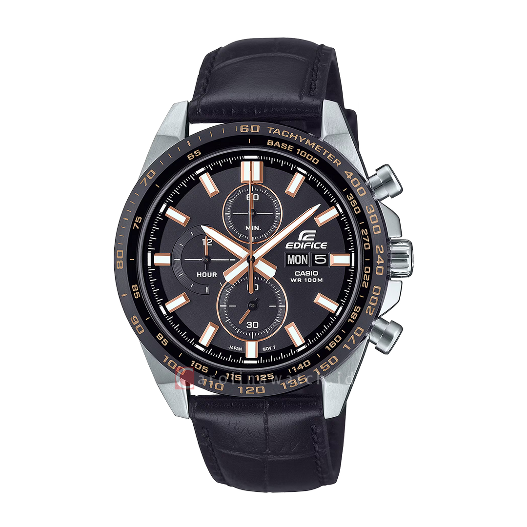Jam Tangan Casio Edifice Standard Chronograph EFR-574BL-1A Men Black Dial Black Leather Band