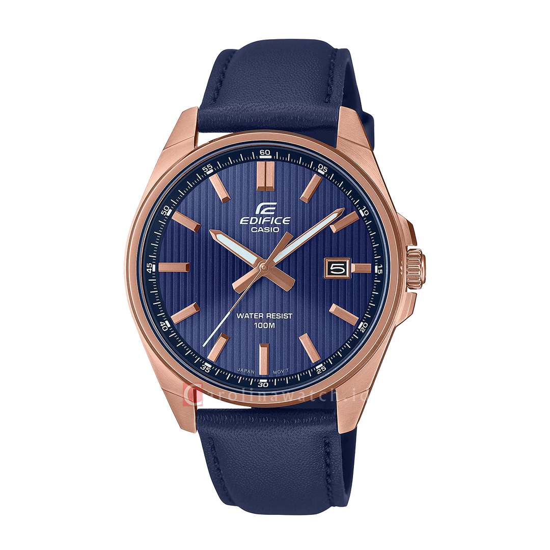 Jam Tangan Casio Edifice Analog 3 Needle EFV-150CL-2A Men Blue Dial Blue Leather Band