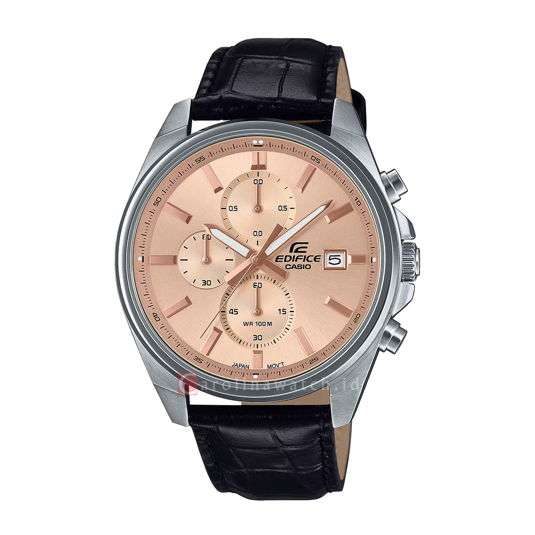 Jam Tangan Casio Edifice EFV-610EL-5A Men Chronograph Rose Gold Dial Black Leather Band