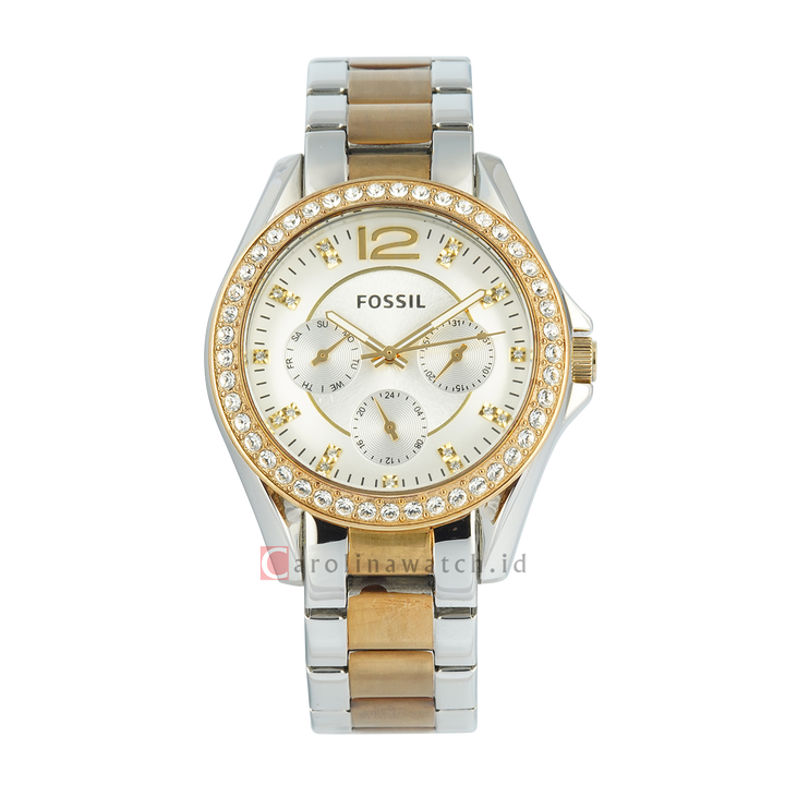 Jam Tangan Fossil Riley ES3204 Multifunction Women Silver Dial Dual Tone Stainless Steel Strap
