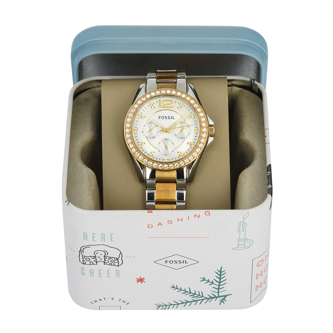Jam Tangan Fossil Riley ES3204 Multifunction Women Silver Dial Dual Tone Stainless Steel Strap