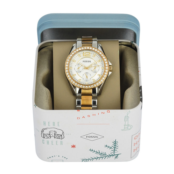Jam Tangan Fossil Riley ES3204 Multifunction Women Silver Dial Dual Tone Stainless Steel Strap