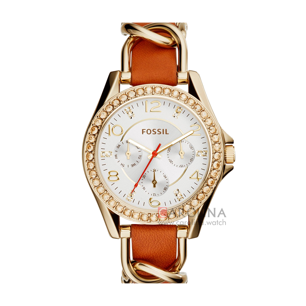 Jam Tangan Fossil Riley Multifunction ES3723 Women Silver Dial Orange Leather Strap