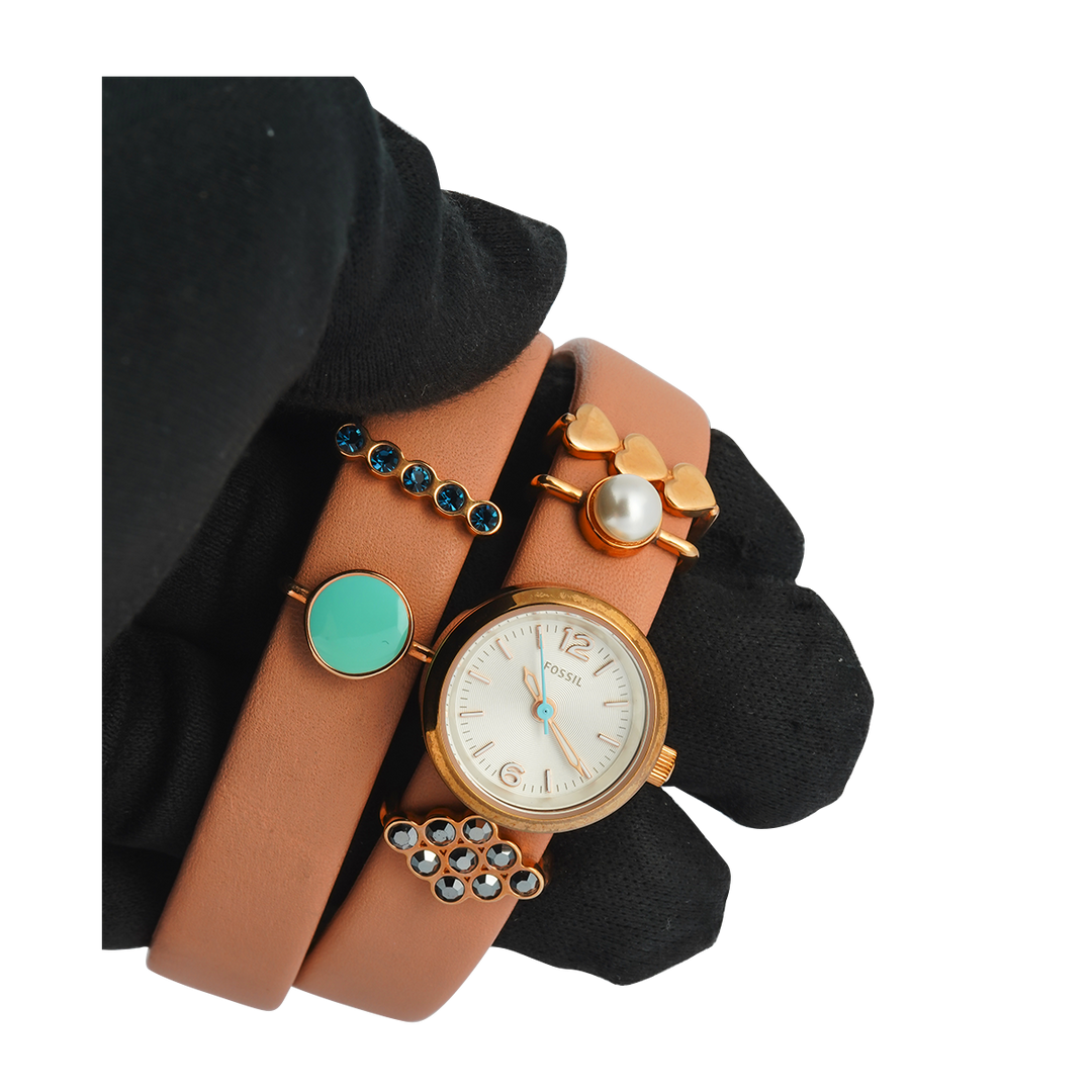 Jam Tangan Fossil Georgia ES4002SET Double Wrap Women White Dial Brown Leather Strap