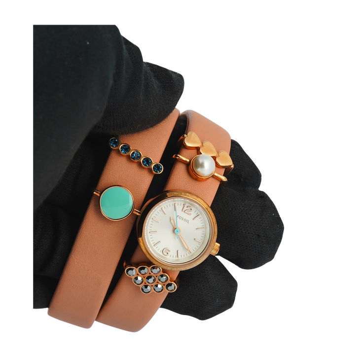 Jam Tangan Fossil Georgia ES4002SET Double Wrap Women White Dial Brown Leather Strap