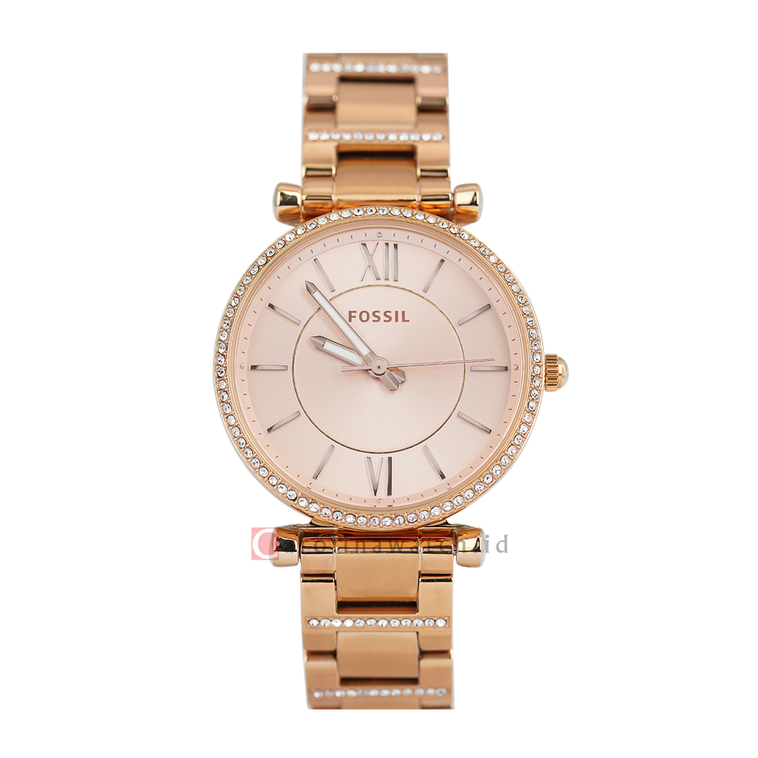 Jam Tangan Fossil Carlie ES4301 Women Rose Gold Dial Rose Gold Stainless Steel Strap